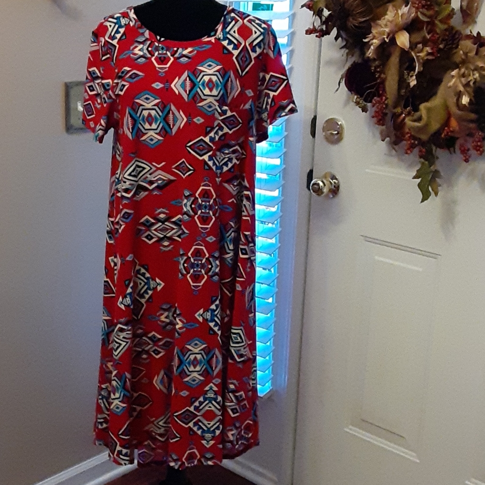 LuLaRoe red teal black print short sleeve dress Longer in back stretch L EUC …